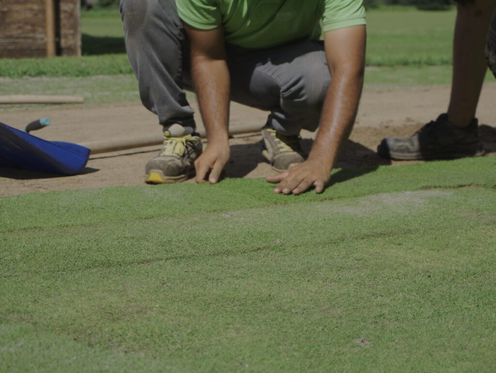 Posa manuale delle zolle su area di gioco durante la preparazione agronomica Challenge Tour 2025 Golf Nazionale, operatore al lavoro sul tappeto erboso.